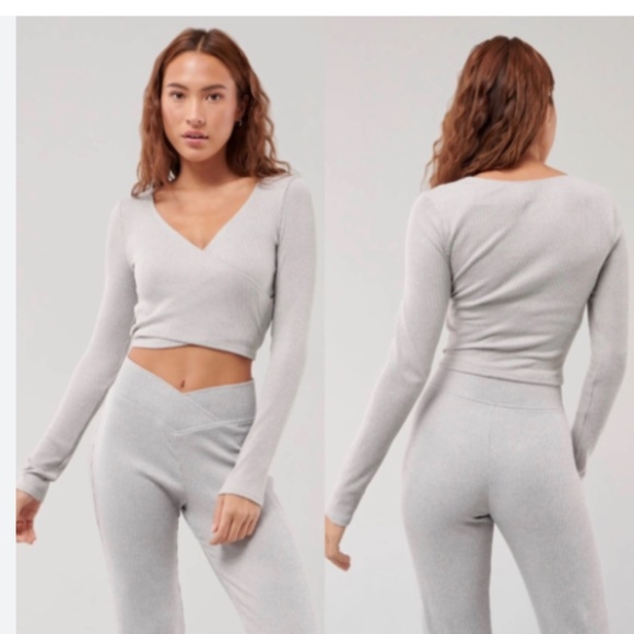 Rib Ribbed Active Criss Cross Long Sleeve Boho Lounge Crop Hip Wrap Blouse Top - Picture 1 of 6